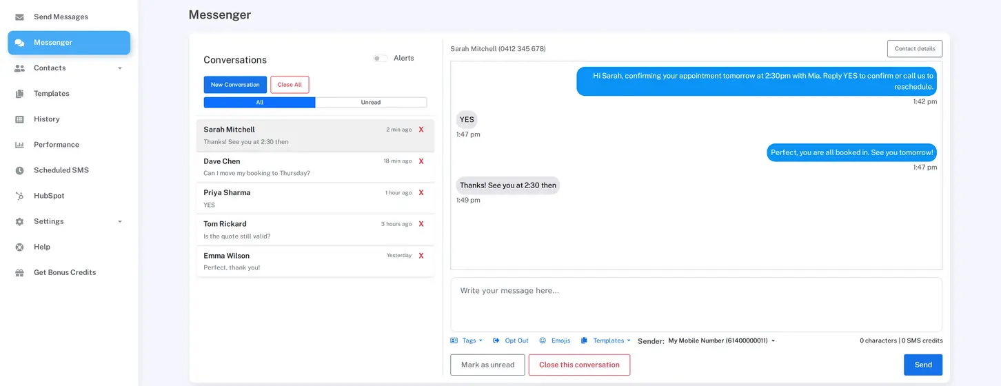 Replying to customer SMS conversations in the Mobile Message platform