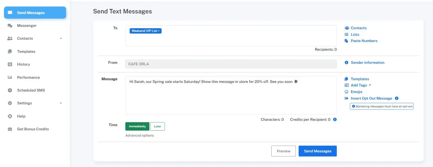 Sending a bulk SMS campaign in the Mobile Message platform